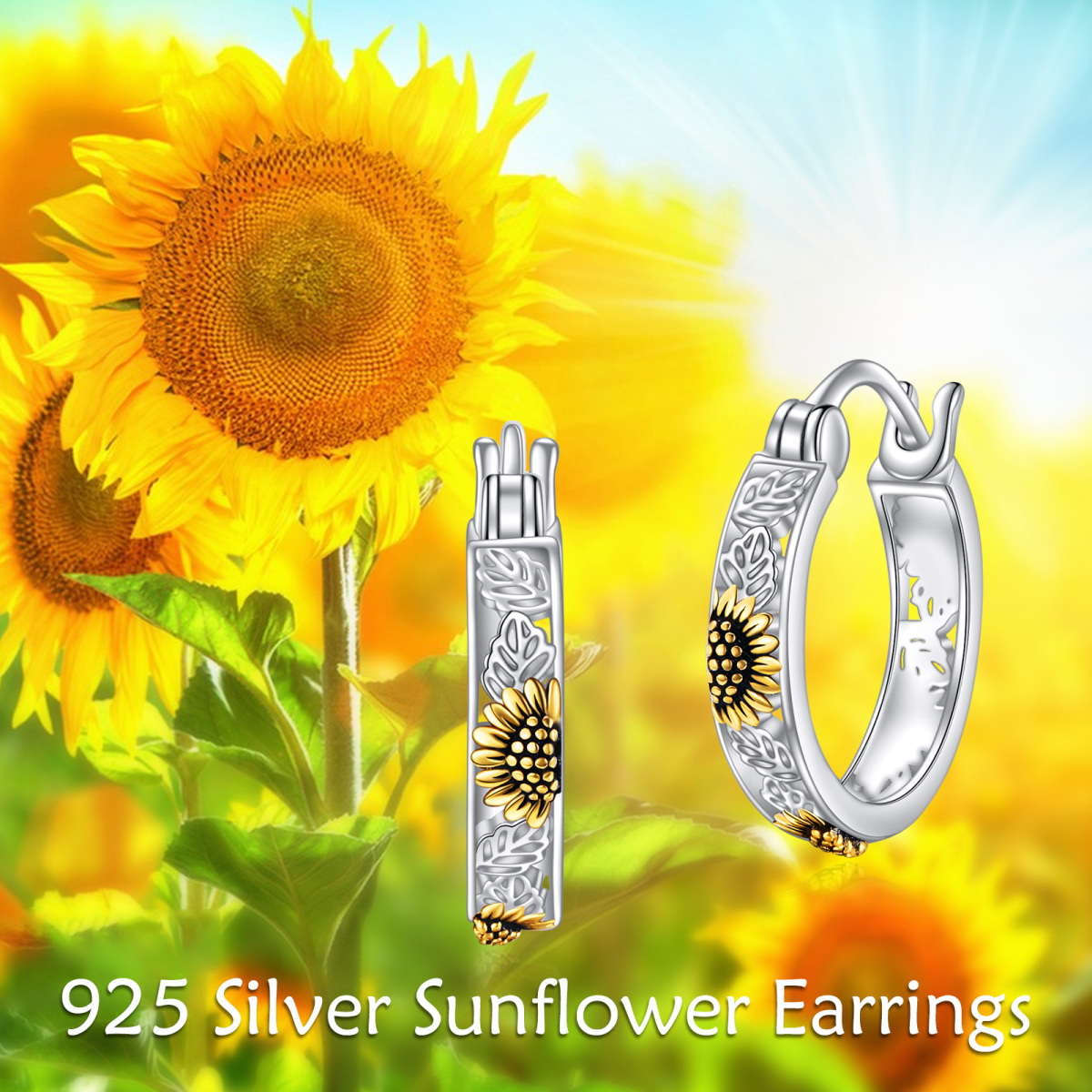 Sterling Silver Two-tone Leaves & Sunflower Hoop Earrings-6