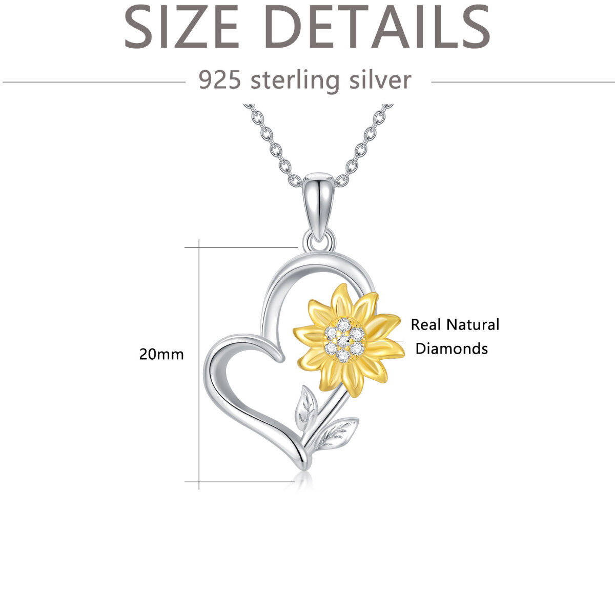 Zweifarbige Halskette mit Sonnenblumen-Herzanhänger aus Sterlingsilber mit runden Diamanten-5