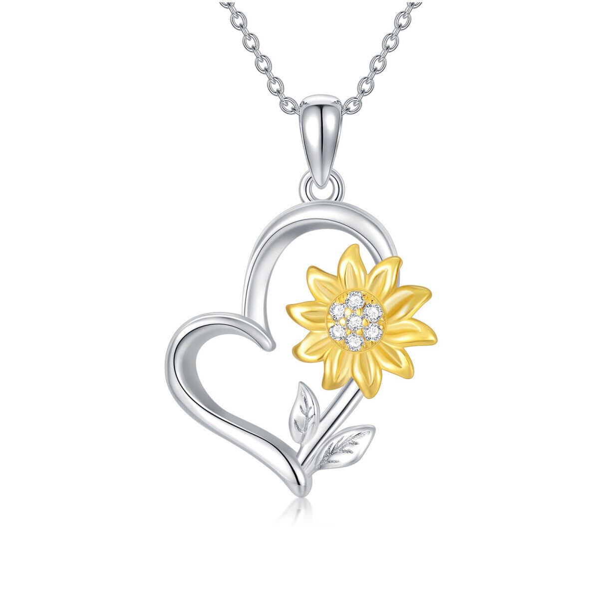 Sterling Silver Two-tone Round Diamond Sunflower & Heart Pendant Necklace-1