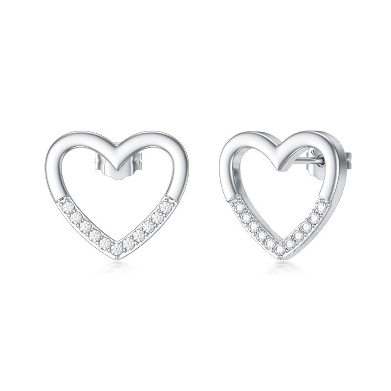 Sterling Silver Round Diamond Heart Stud Earrings