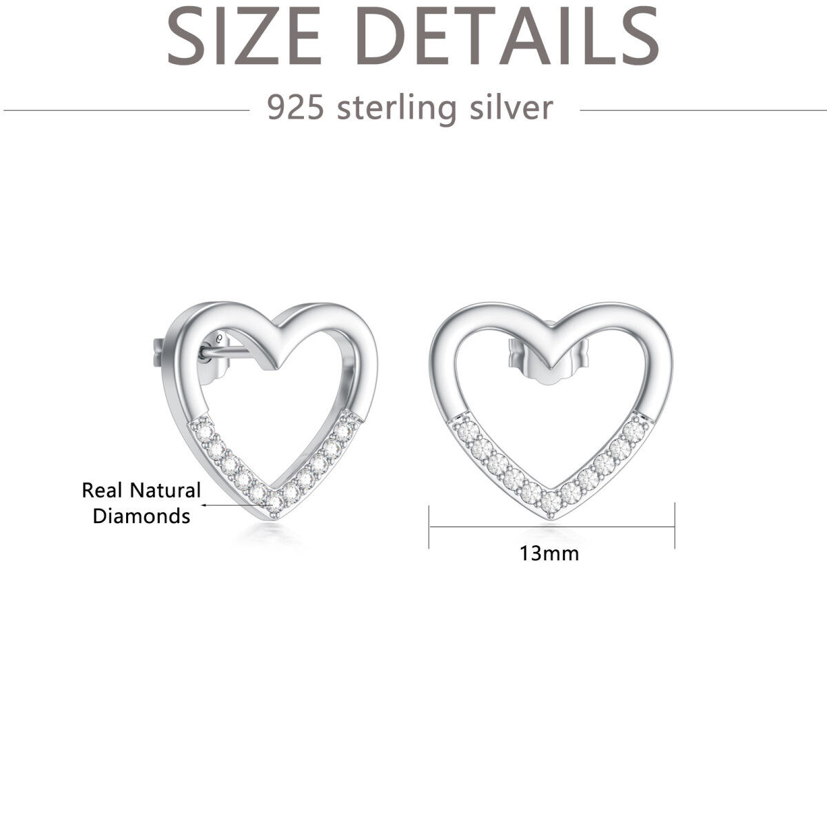 Sterling Silver Round Diamond Heart Stud Earrings-5