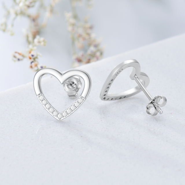 Sterling Silver Round Diamond Heart Stud Earrings-2