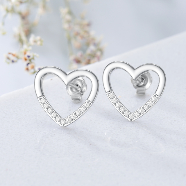 Sterling Silver Round Diamond Heart Stud Earrings-1