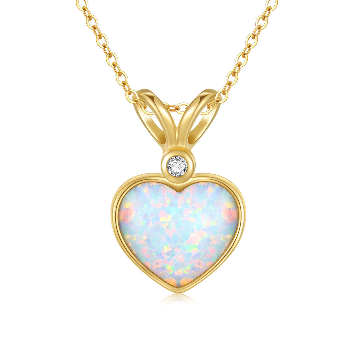 14K Gold Circular Shaped & Heart Shaped Diamond & Opal Heart Pendant Necklace-1