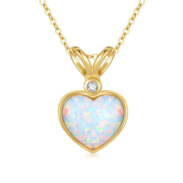 14K Gold Circular Shaped & Heart Shaped Diamond & Opal Heart Pendant Necklace-0