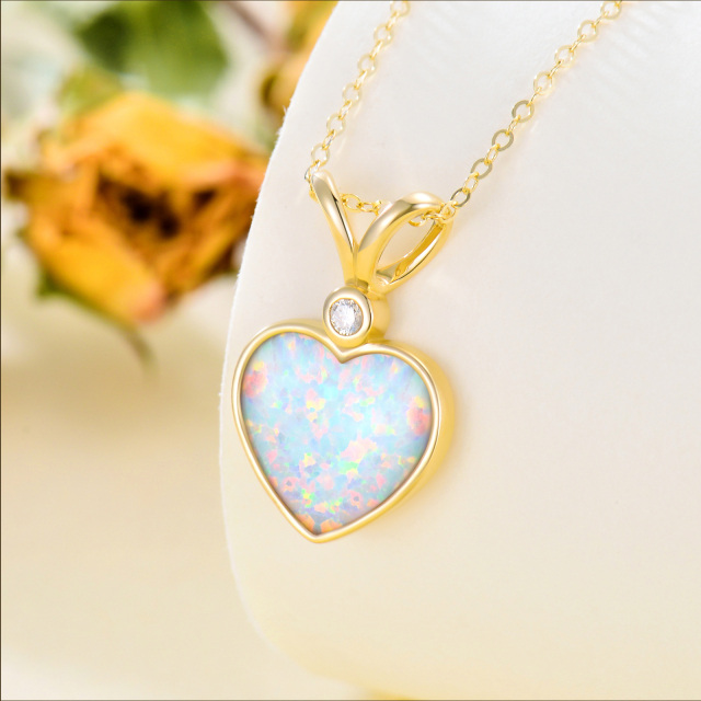 14K Gold Circular Shaped & Heart Shaped Diamond & Opal Heart Pendant Necklace-2