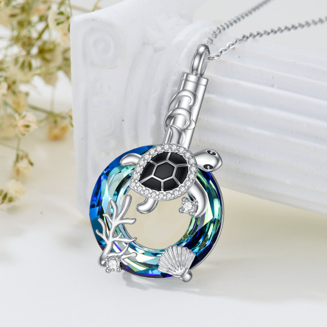 Sterling Silver Round Crystal Sea Turtle Pendant Necklace-3