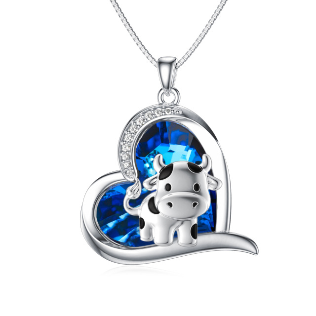 Sterling Silver Cow & Heart Blue Crystal Pendant Necklace-0