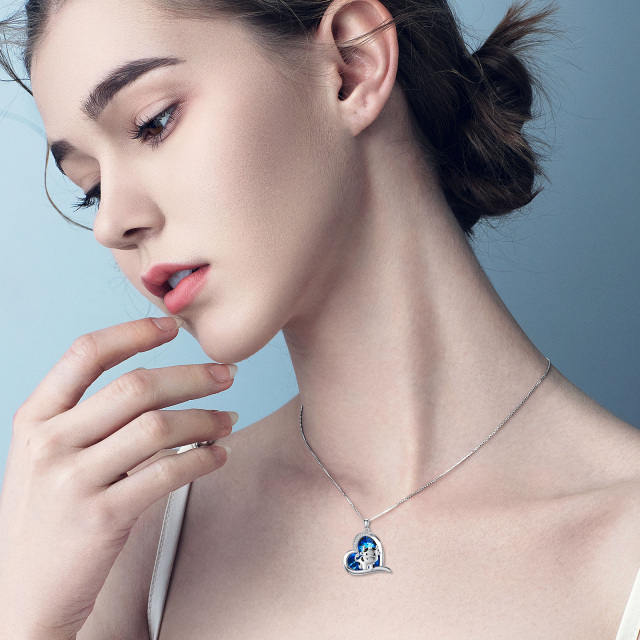 Sterling Silber Kuh & Herz Blauer Kristall-Anhänger Halskette-1