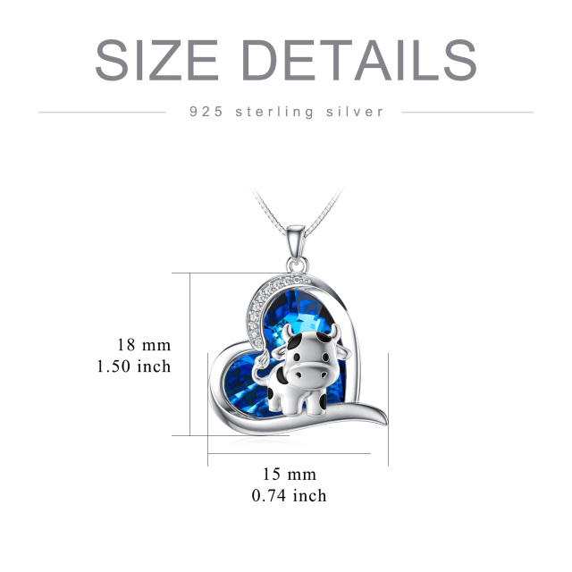 Sterling Silver Cow & Heart Blue Crystal Pendant Necklace-2