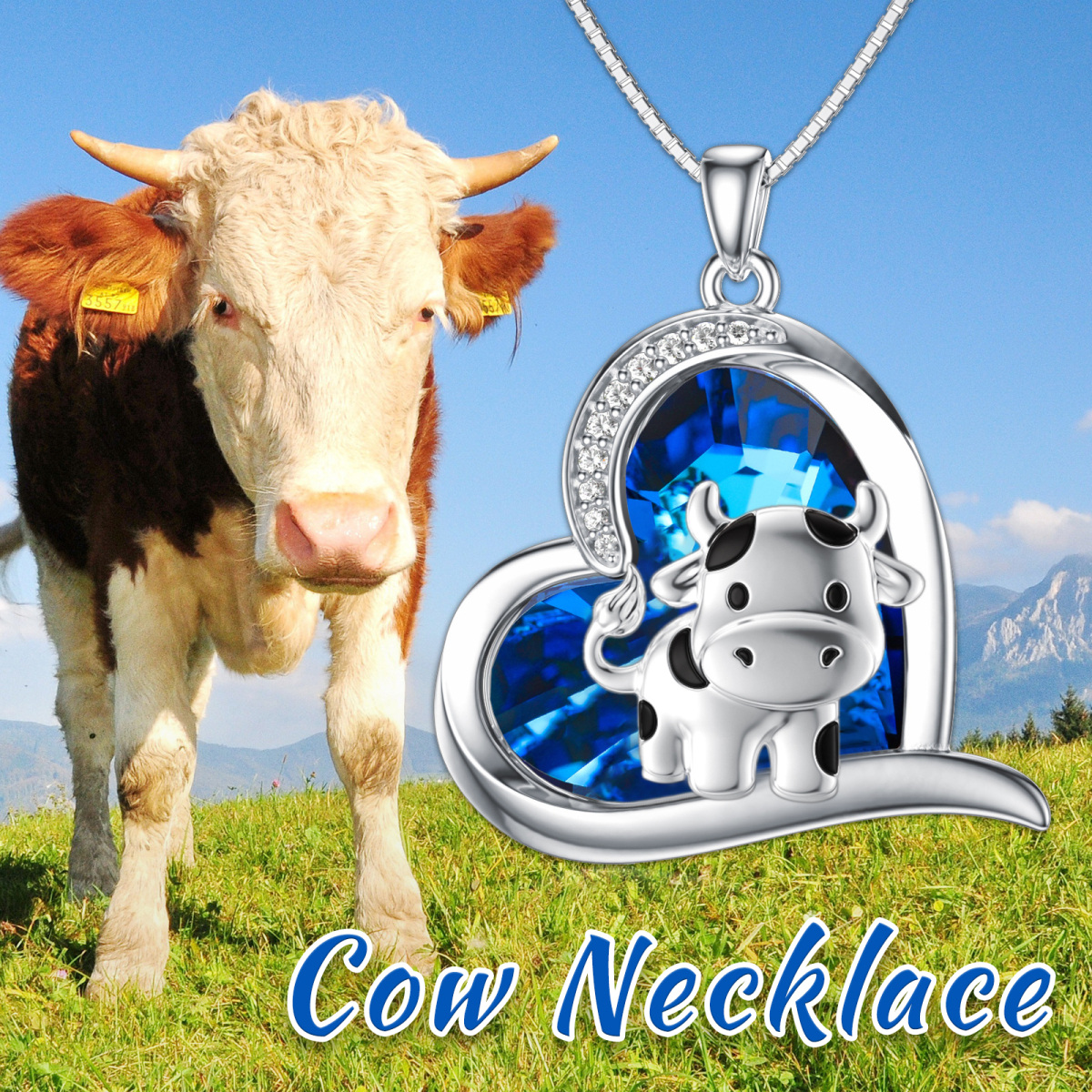 Sterling Silver Cow & Heart Blue Crystal Pendant Necklace-4
