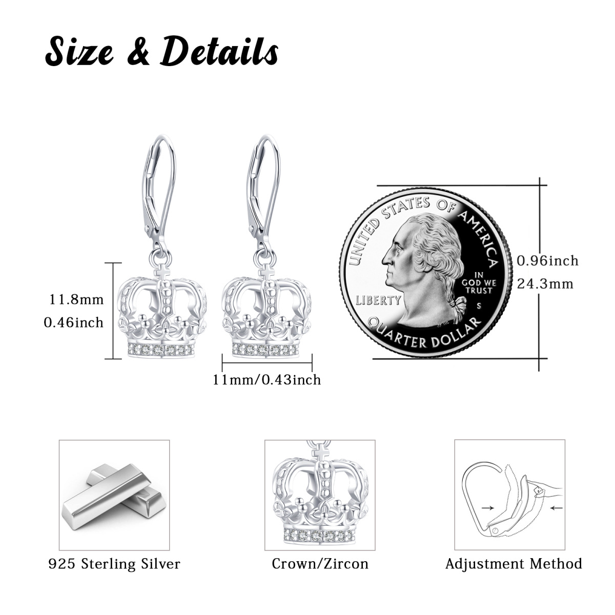 Sterling Silber kreisförmig kubischer Zirkonia Krone Hebel-zurück Ohrringe-6