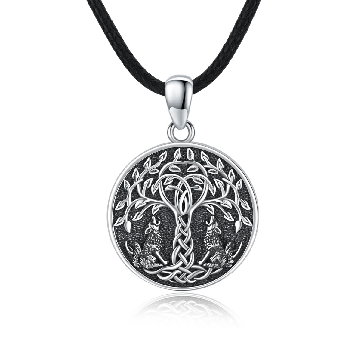 Sterling Silver Wolf & Tree Of Life Pendant Necklace-1