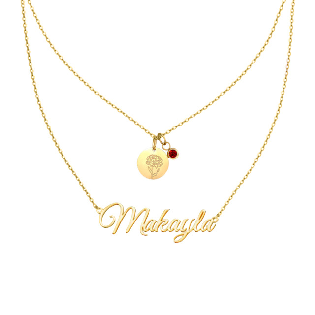 Sterling Silver with Yellow Gold Plated Cubic Zirconia & Personalized Birthstone & Personalized Classic Name Birth Flower Layered Necklace-2