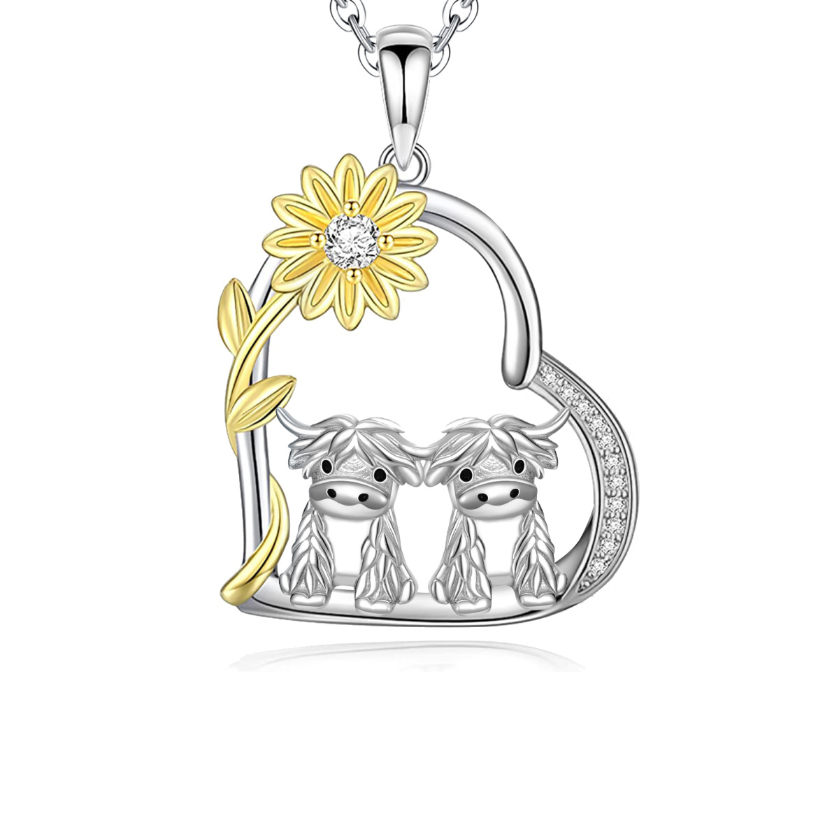 Sterling Silver Two-tone Sunflower Couple Highland Cow Heart Pendant Necklace-1