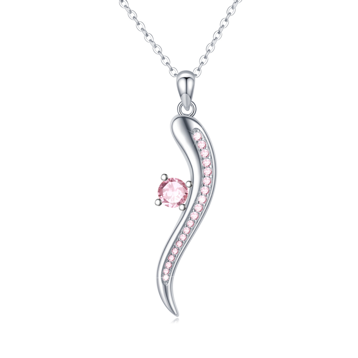 Sterling Silver Pink Cubic Zirconia October Birthstone Italian Horn Pendant Necklace-1