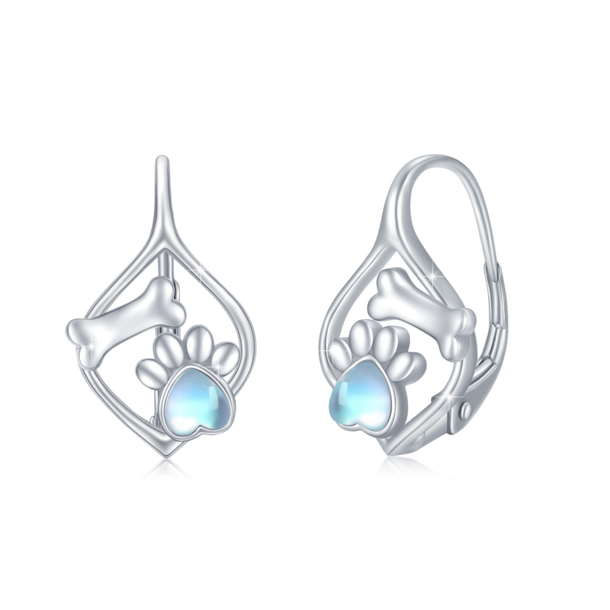 Sterling Silver Heart Moonstone Paw Lever-back Earrings-1