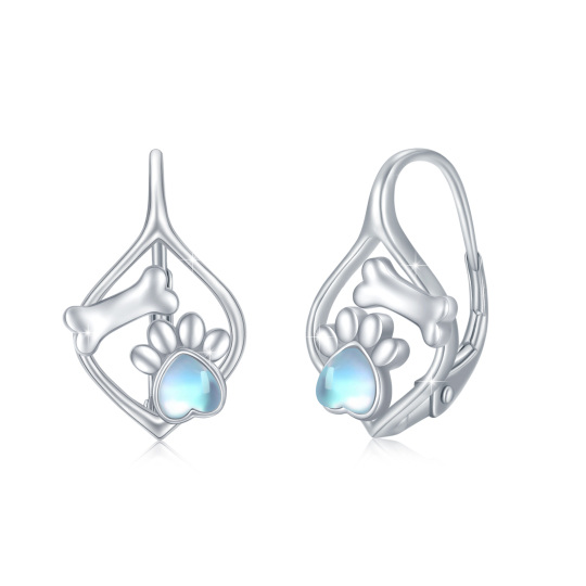 Sterling Silver Heart Moonstone Paw Lever-back Earrings