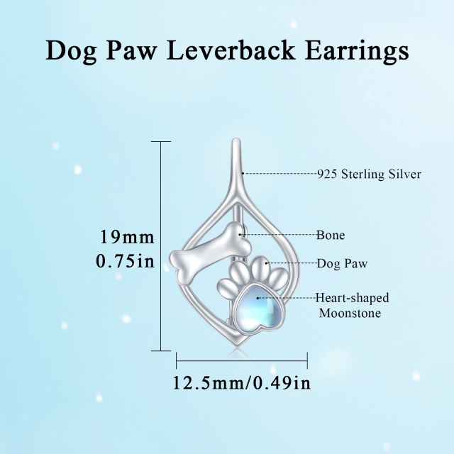 Sterling Silver Heart Moonstone Paw Lever-back Earrings-3