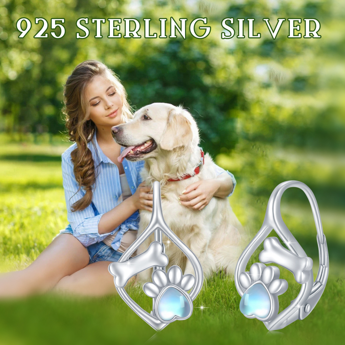Sterling Silver Heart Moonstone Paw Lever-back Earrings-5
