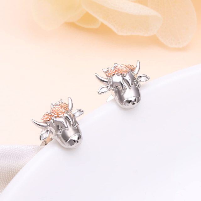 Sterling Silver Two-tone Highland Cow & Flowers Stud Earrings-3