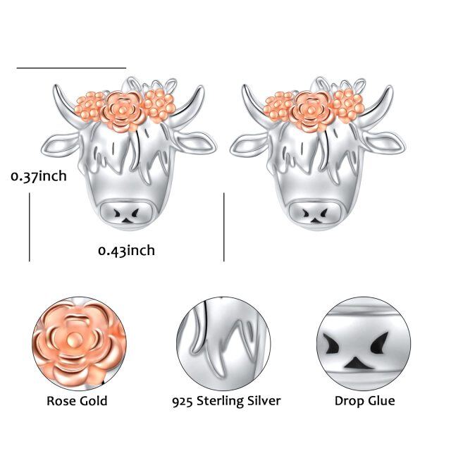 Sterling Silver Two-tone Highland Cow & Flowers Stud Earrings-6