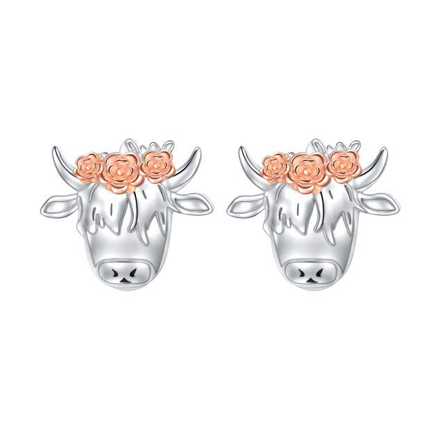 Sterling Silver Two-tone Highland Cow & Flowers Stud Earrings-1