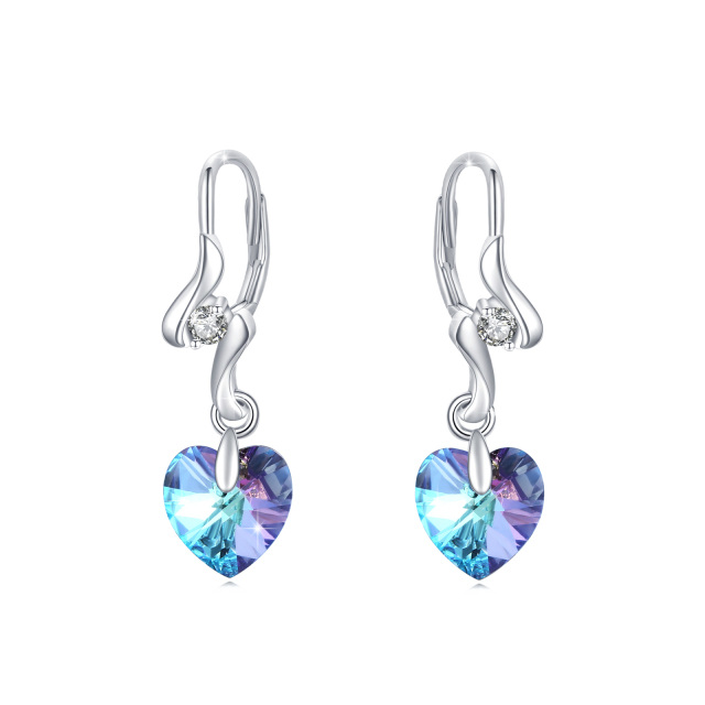 Sterling Silver Heart Shaped Crystal Heart Lever-back Earrings-1