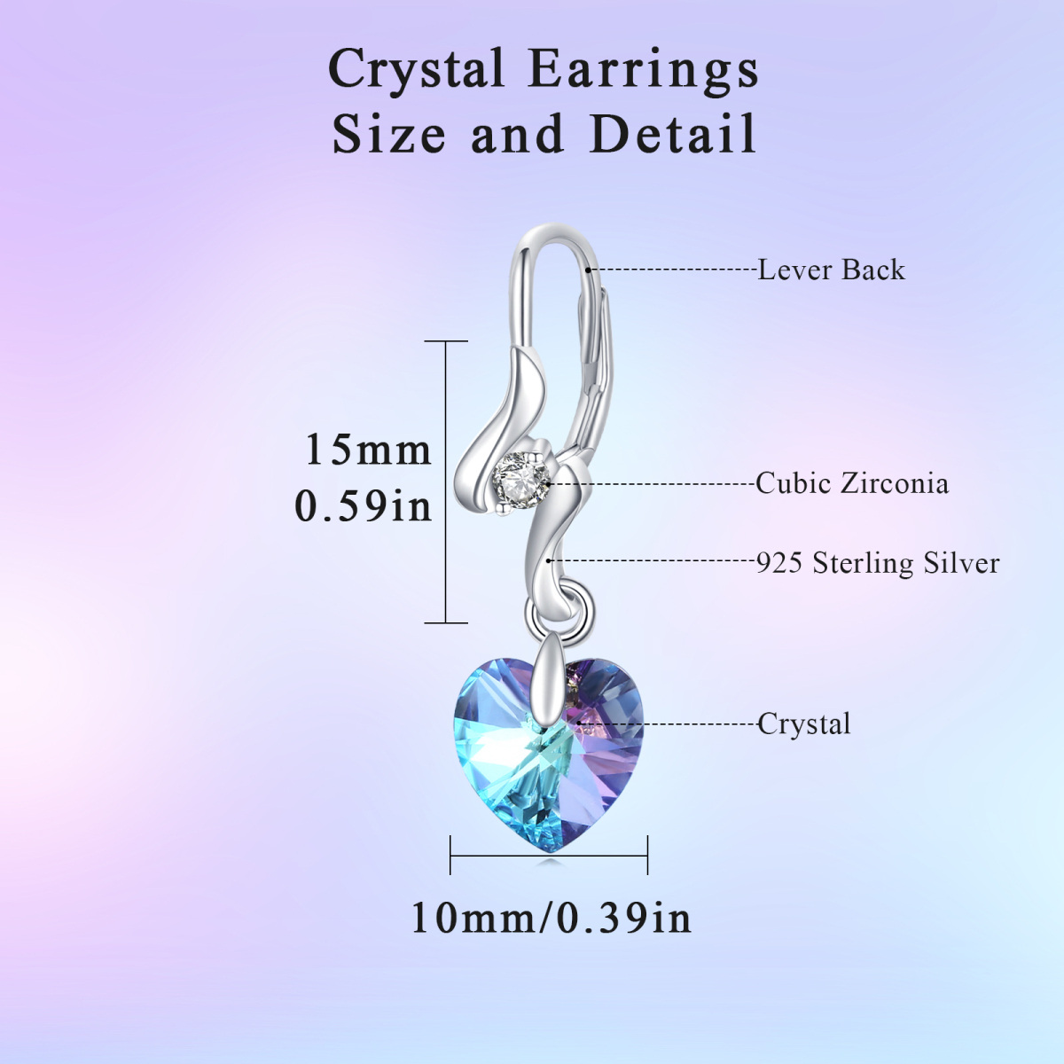 Sterling Silber Herz geformt Kristall Herz Hebel-zurück Ohrringe-6