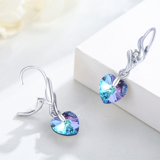 Sterling Silver Heart Shaped Crystal Heart Lever-back Earrings-5