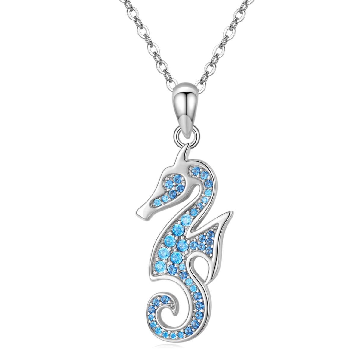 Sterling Silver Circular Shaped Zircon Seahorse Pendant Necklace-1