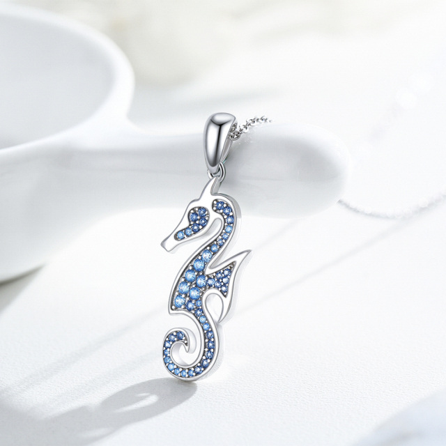 Sterling Silver Circular Shaped Zircon Seahorse Pendant Necklace-3