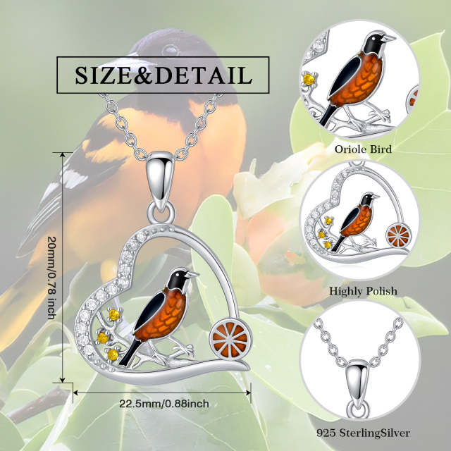 Sterling Silver Round Zircon Bird & Heart Pendant Necklace-5
