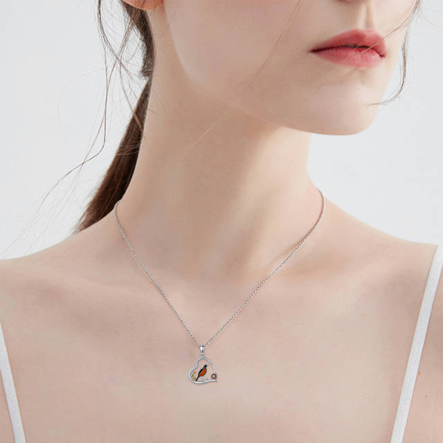 Sterling Silver Round Zircon Bird & Heart Pendant Necklace-2