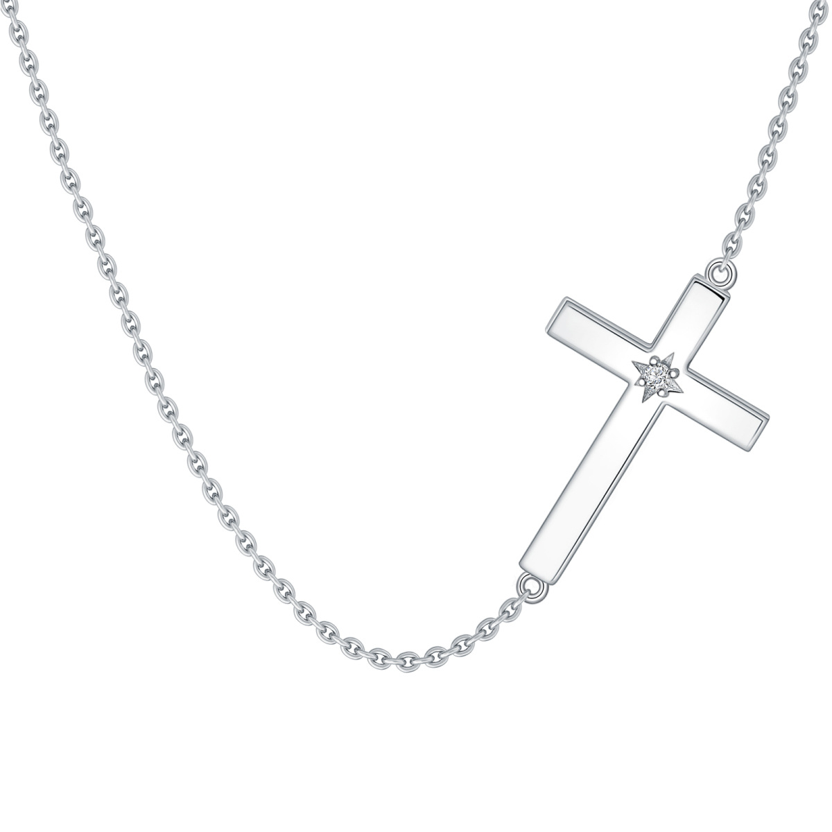 Sterling Silver Round Moissanite Cross Pendant Necklace-1