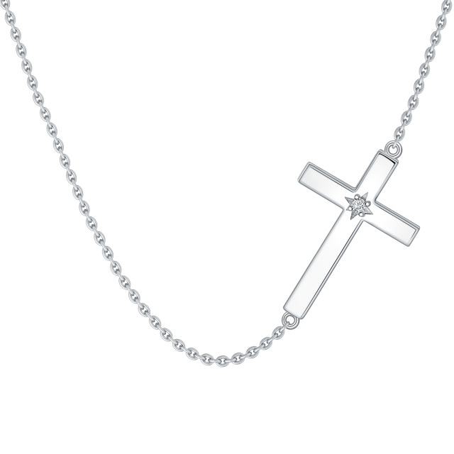 Sterling Silver Round Moissanite Cross Pendant Necklace-0