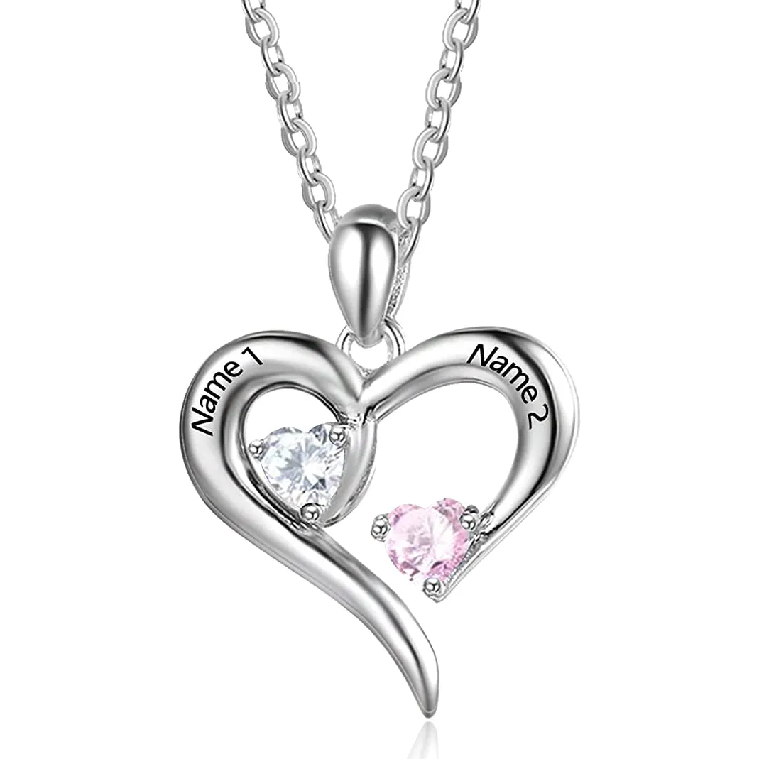 Collar colgante de plata de ley con nombre y piedra de nacimiento personalizada en forma de corazón-1