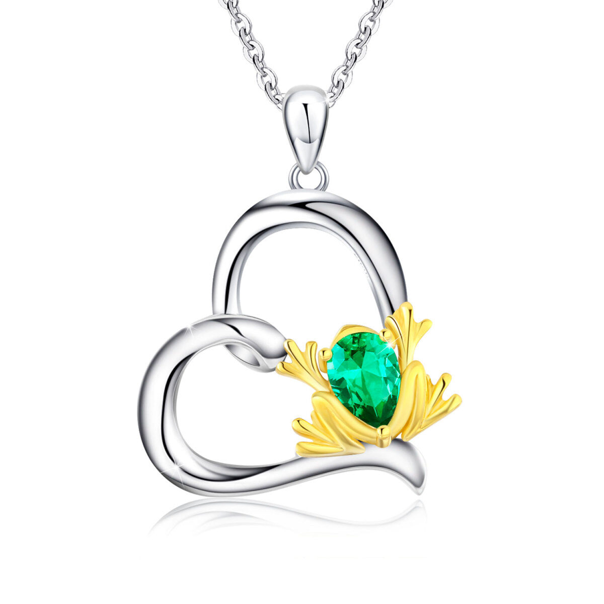 Sterling Silver Two-tone Cubic Zirconia Frog & Heart Pendant Necklace-1