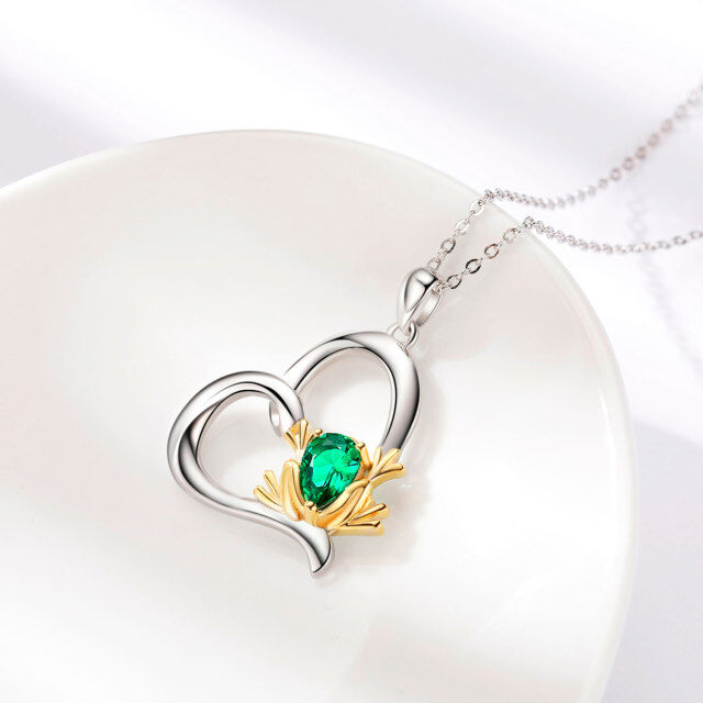 Sterling Silver Two-tone Cubic Zirconia Frog & Heart Pendant Necklace-3