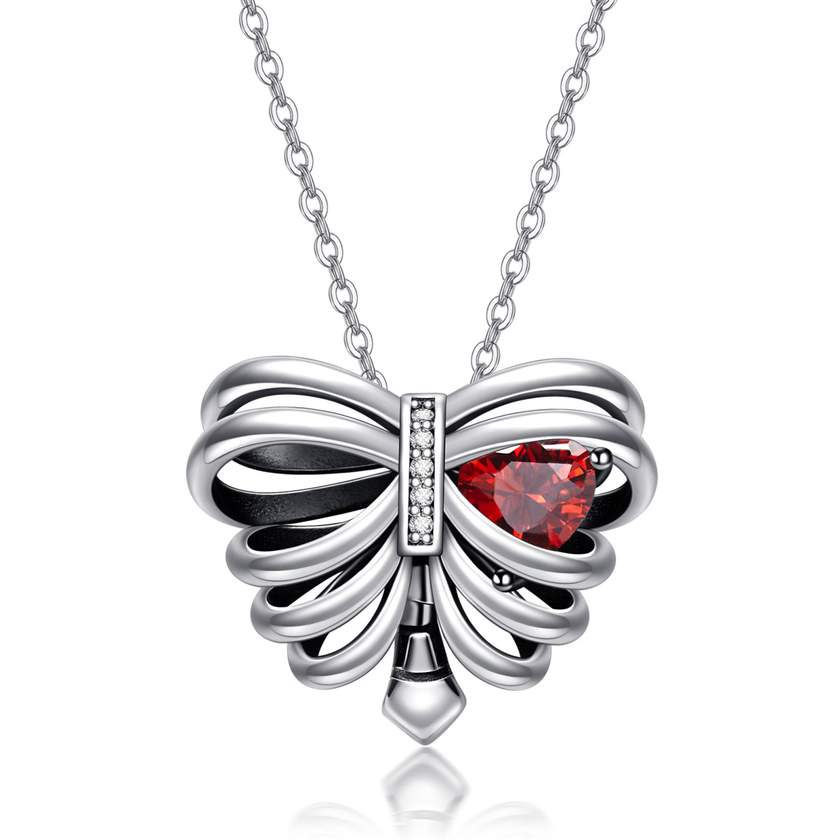 Sterling Silver Heart Cubic Zirconia Butterfly & Skeleton Pendant Necklace-1