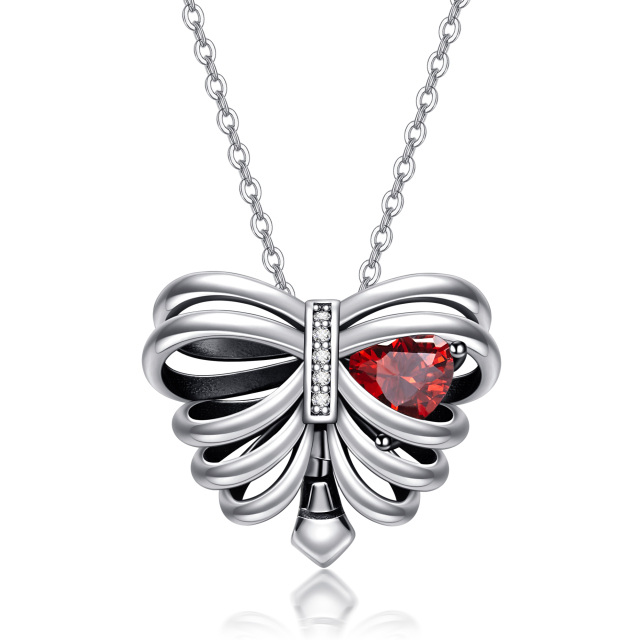 Sterling Silver Heart Cubic Zirconia Butterfly & Skeleton Pendant Necklace-0