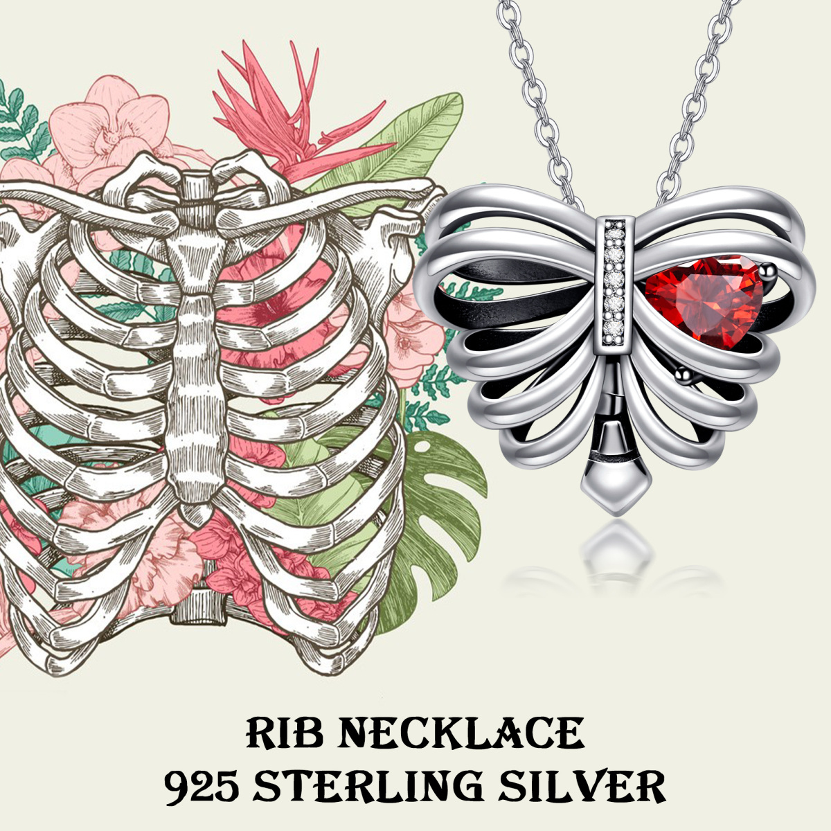 Collar Colgante Mariposa y Esqueleto de Plata de Ley con Corazón de Circonita Cúbica-6