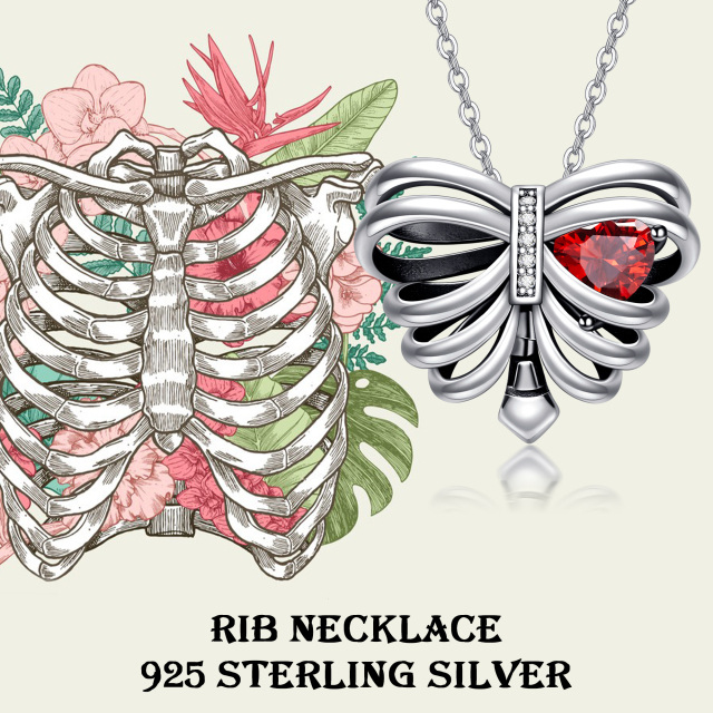 Collar Colgante Mariposa y Esqueleto de Plata de Ley con Corazón de Circonita Cúbica-5