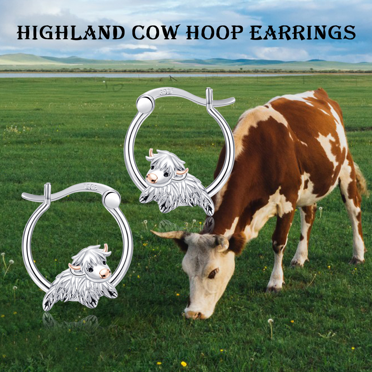 Sterling Silver Two-tone Highland Cow Hoop Earrings-5