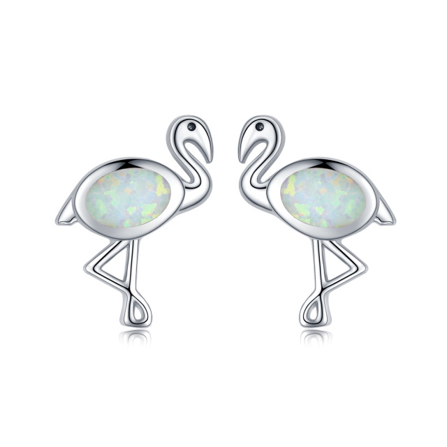 Sterling Silver Oval Shaped Opal Flamingo Stud Earrings-1