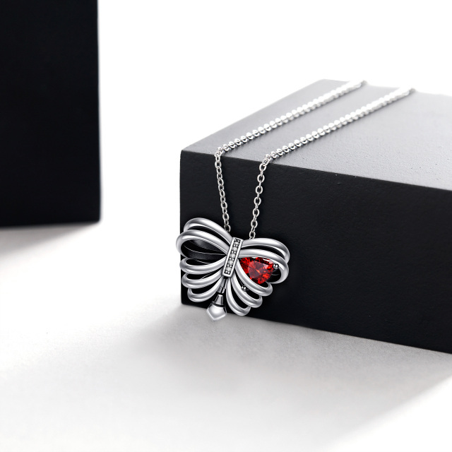 Sterling Silver Heart Cubic Zirconia Butterfly & Skeleton Pendant Necklace-2