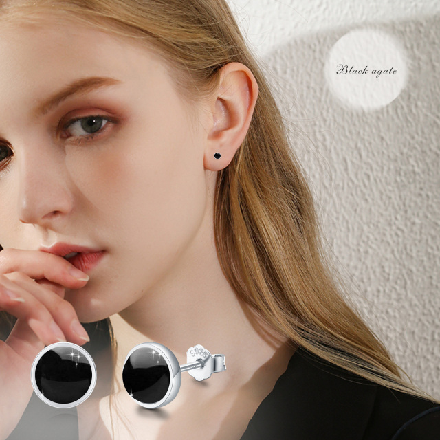 Sterling Silver Circular Shaped Agate Round Stud Earrings-5