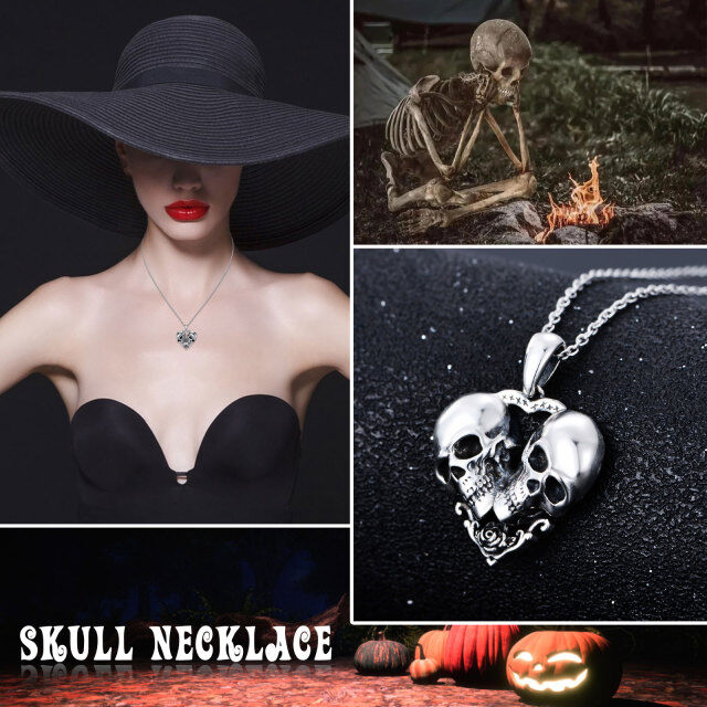 Sterling Silver Rose & Heart & Skull Pendant Necklace-4