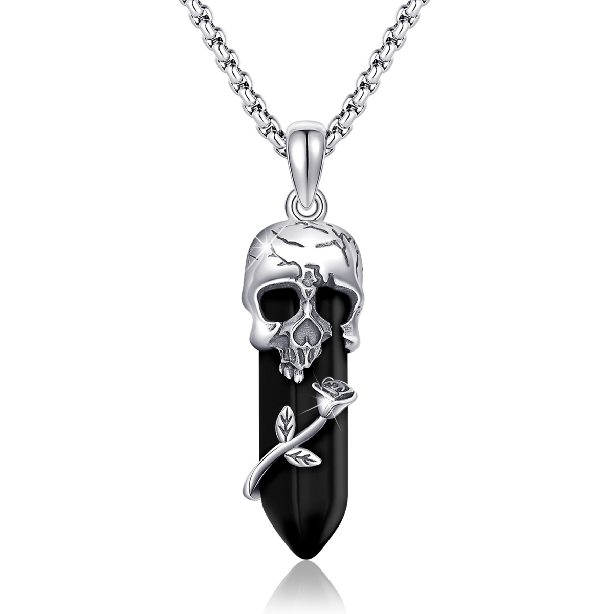 Sterling Silver Rose & Skull Crystal Pendant Necklace-1