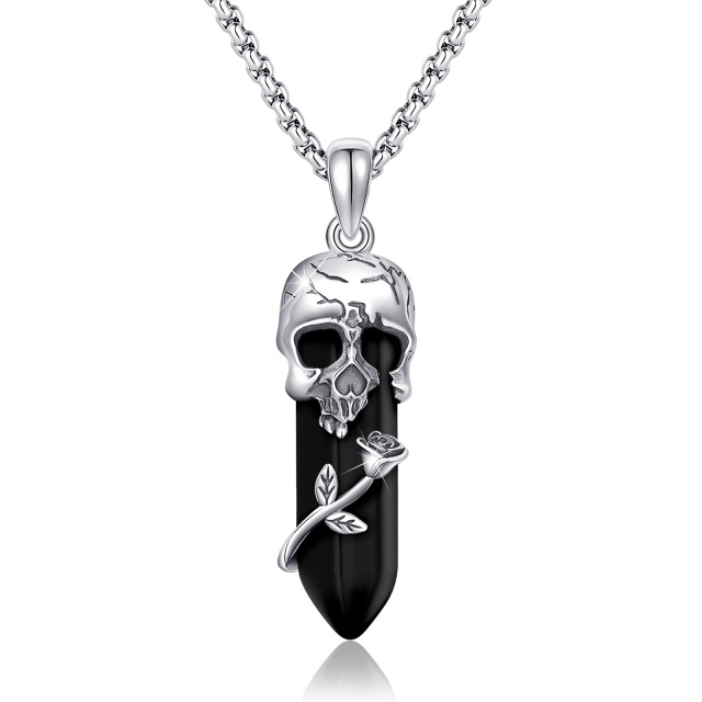Sterling Silver Rose & Skull Crystal Pendant Necklace-0